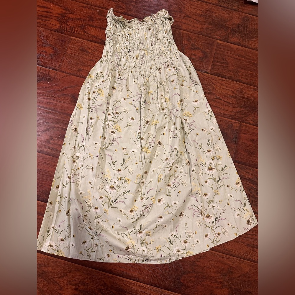 H&M NEW 2 ways A-Line Smocked Midi Skirt in mint green with yellow floral Dress